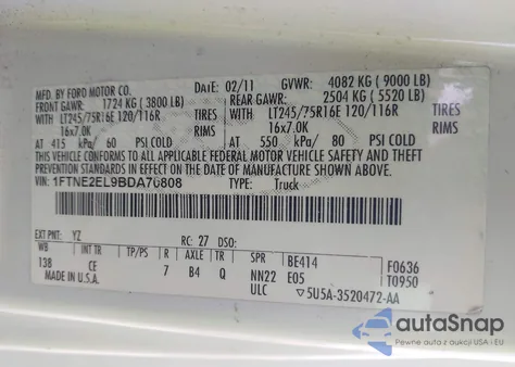 2011 Ford E-250 Commercial from USA, damaged, VIN 1FTNE2EL9BDA70808